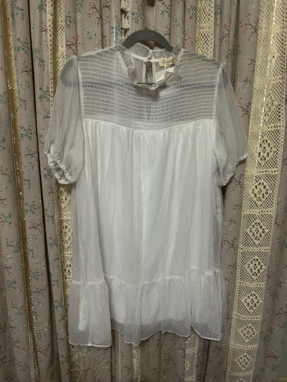 Lena White Swiss Dot‎ Babydoll Mini Dress Sheer Puff Sleeve Ruffle Neck M NWT